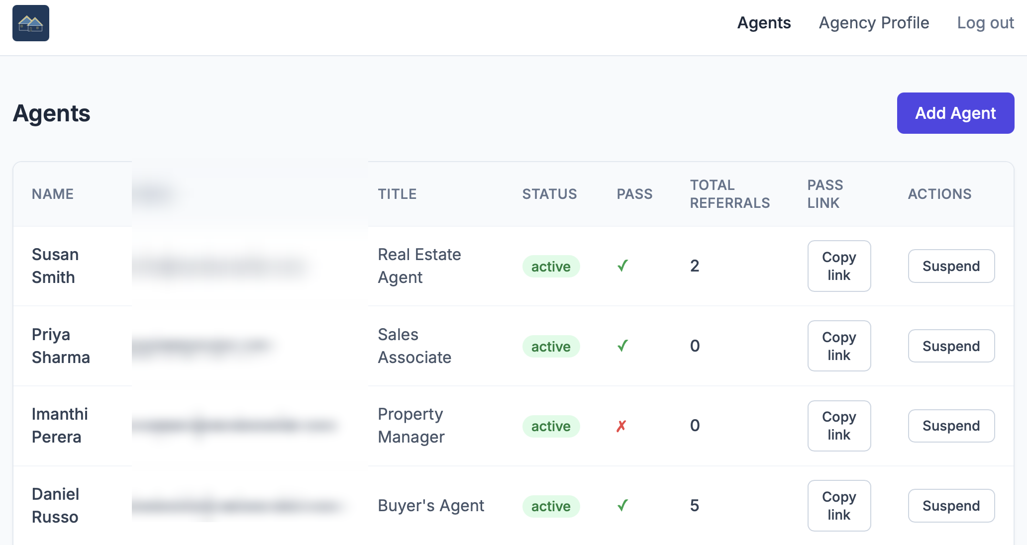 Agency admin portal showing agents list with pass status, total pass shares per agent, and suspend controls