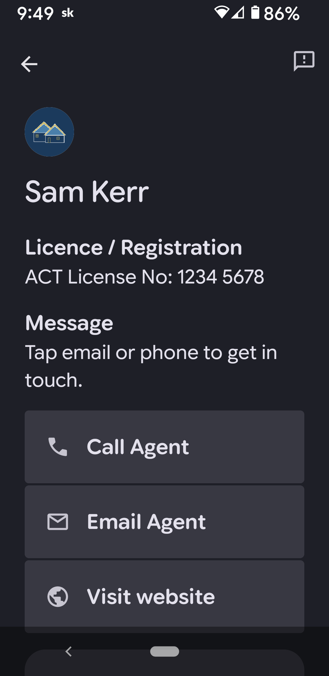 Back of the saved pass showing Call Agent, Email Agent, and Visit Website actions