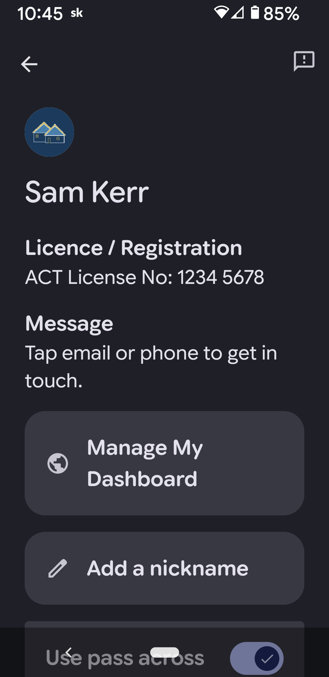 Back of an agent's own pass, showing a Manage My Dashboard link