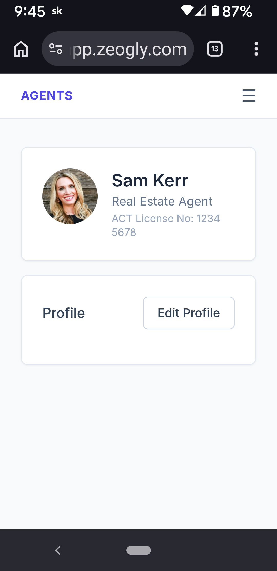 Agent's own dashboard page with an Edit Profile button